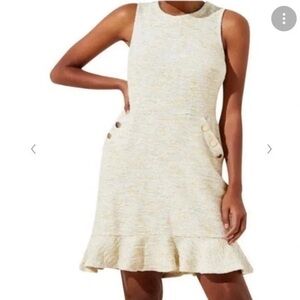 LOFT Yellow Tweed Knit Dress Size 0, yellow and cream,  Ruffle hem, sleeveless